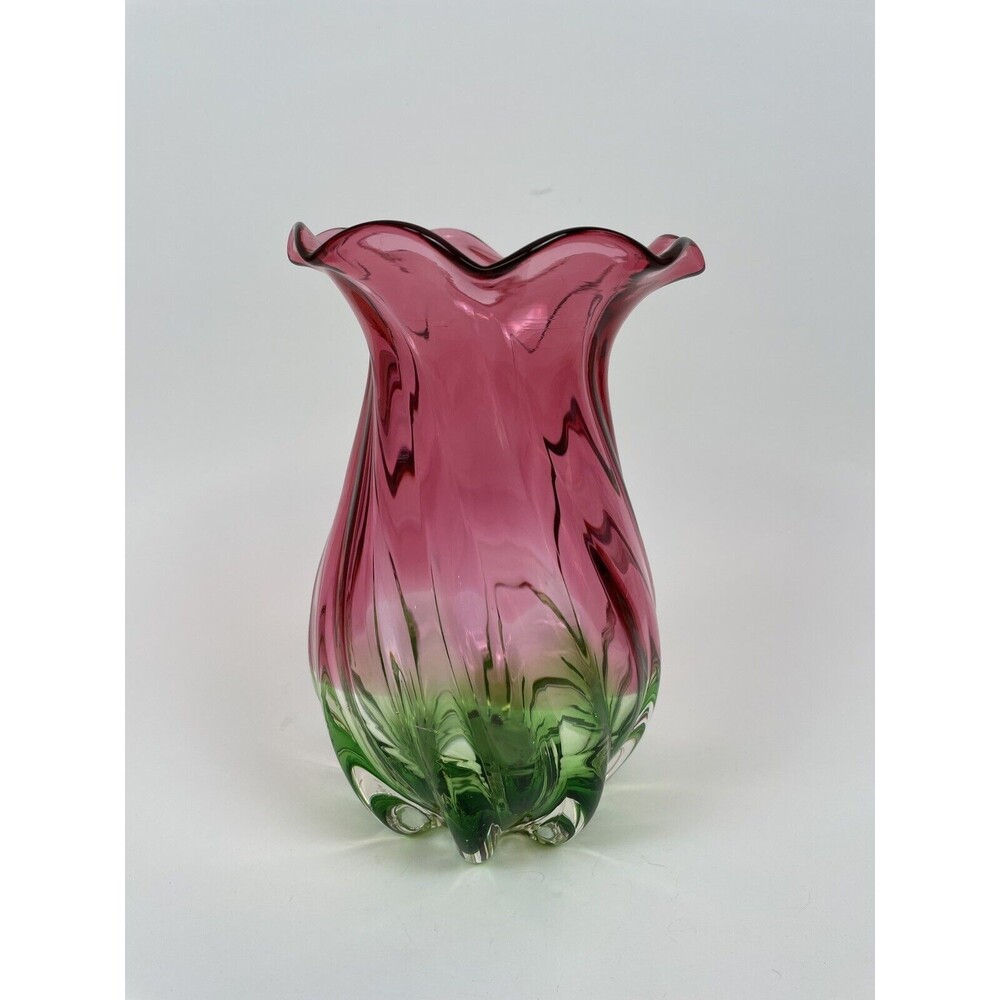 Watermelon Glass Vase Twisted Ruffled Edge Hand Blown 8” Tall - Picture 5 of 10